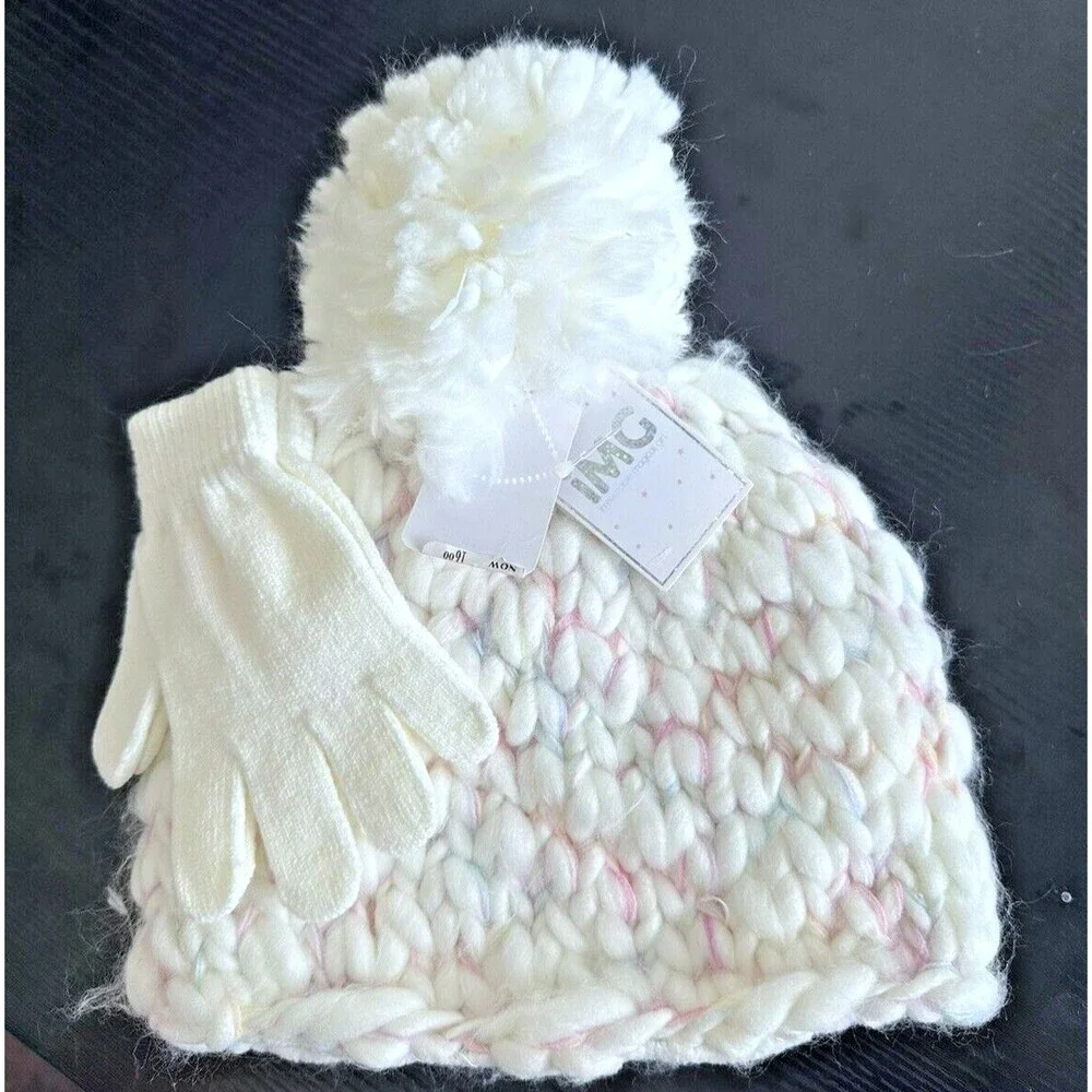 IMG Girls Beanie Knit Beanie and Gloves 2 Piece Set White & Pink  One Size